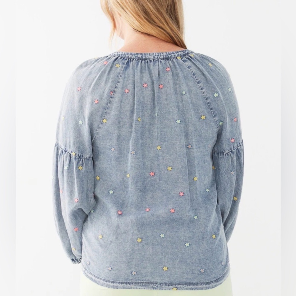 French Dressing Jeans Flower Embroidered Balloon Sleeve Denim Top - Picture 3 of 11